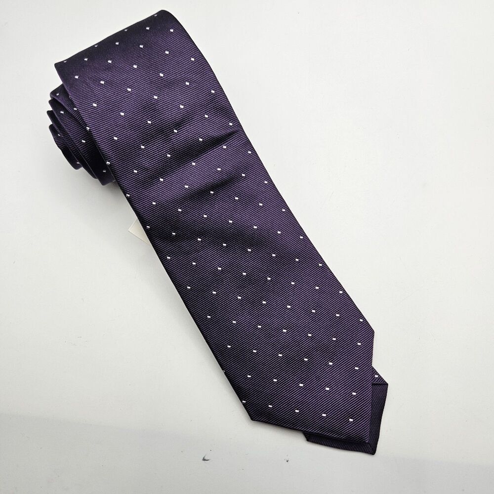 NWT SAKS FIFTH AVENUE Purple White Embroidered Silk Tie Wedding 55 1/8x2 5/8"